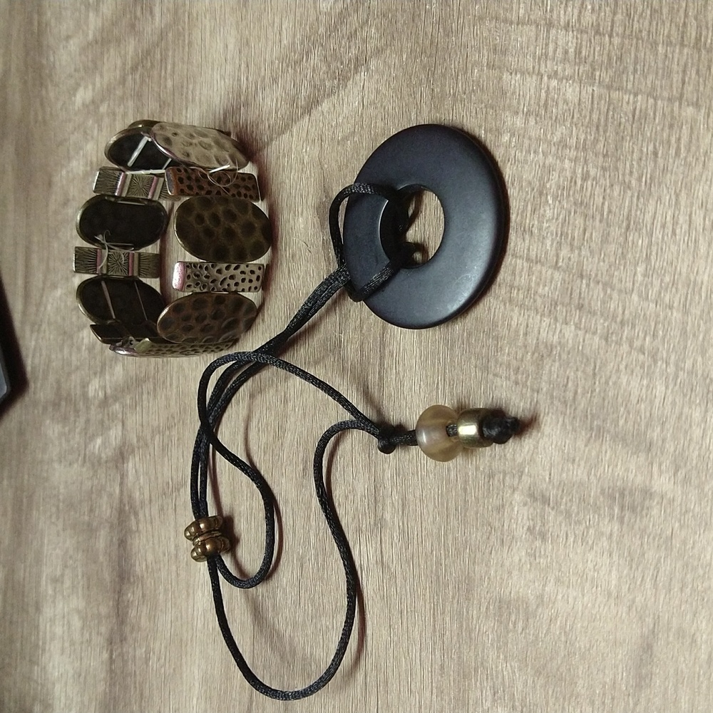 Animal Print Hammered Bracelet Medallions. Slips On. Black Circle Necklace.